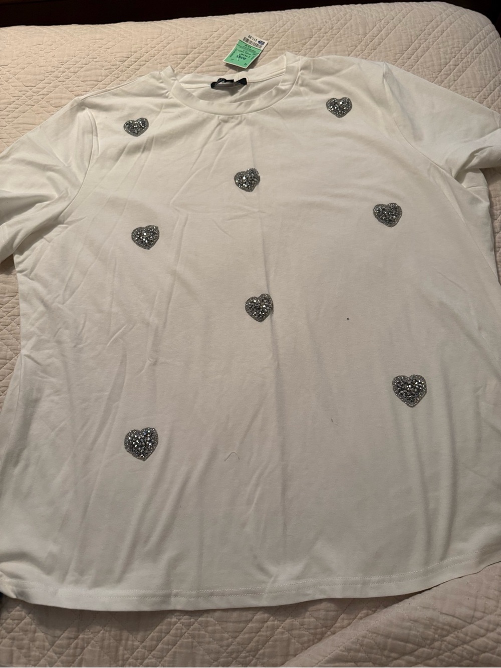 White Tee with Silver Sequin Hearts